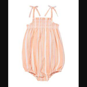 Seed Heritage Multi Striped Smocked Bubble Romper Tie Shoulders Cotton Linen